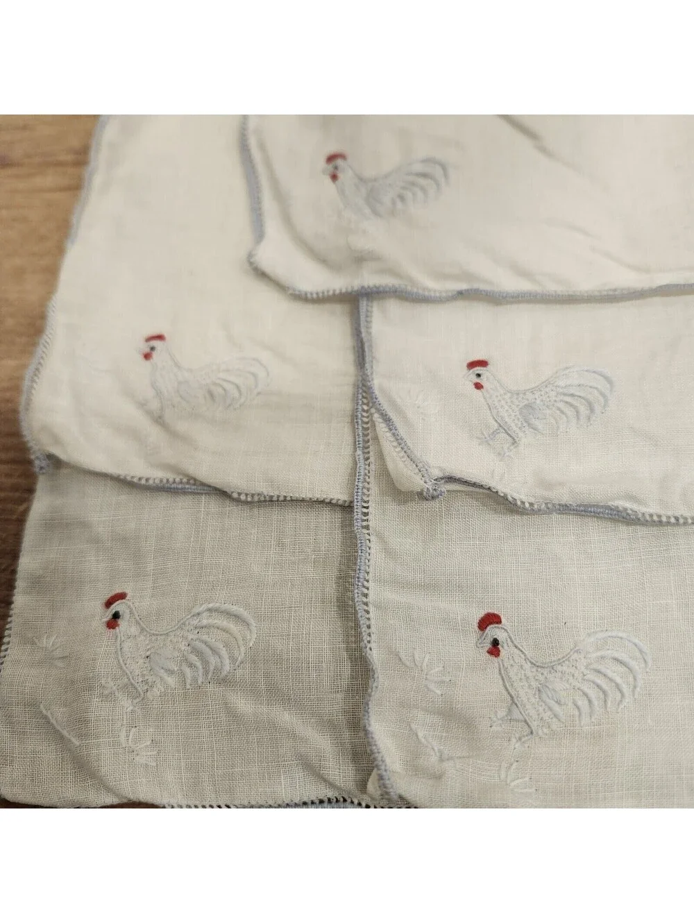 5 VTG Semi Sheer Linen Cocktail Napkins Hand Embroidered Roosters Madeira Style
